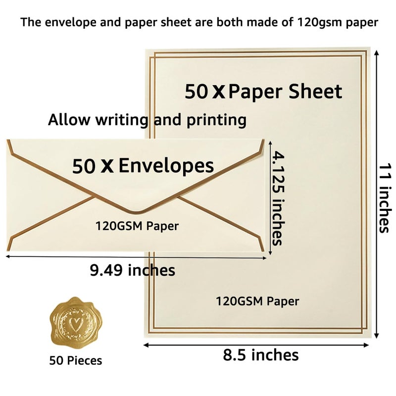 Topeen 50 Pack Stationery Set with Gold Border, #10 Business Envelopes and 8.5x11 Paper Sheets and Stickers for Writing Letters (Cream Color, 8.5x11 Inches) - Image 2