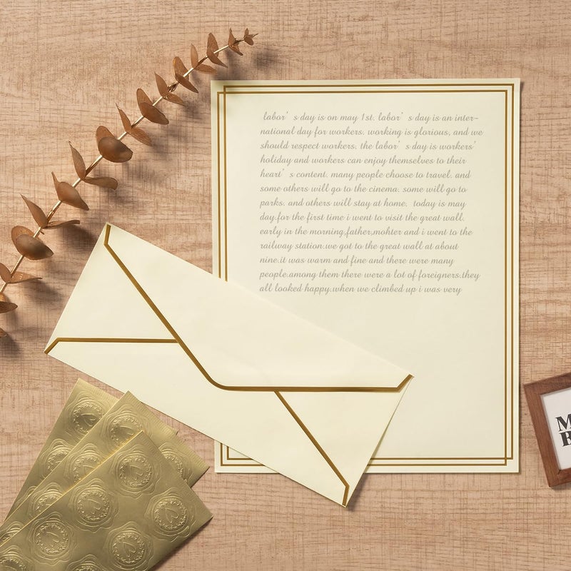 Topeen 50 Pack Stationery Set with Gold Border, #10 Business Envelopes and 8.5x11 Paper Sheets and Stickers for Writing Letters (Cream Color, 8.5x11 Inches) - Image 5