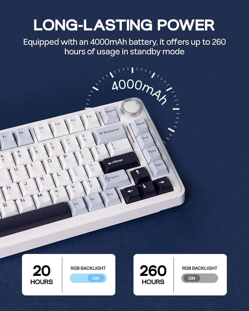 EPOMAKER EA75 75% RGB Gaming Mechanical Keyboard, 2.4GHz/Type-C/BT Creamy Wireless Keyboard with Knob, Shine Through PBT Keycaps, Hot Swappable for Gamers(Light Blue, Graywood V3 Switch) - Image 5
