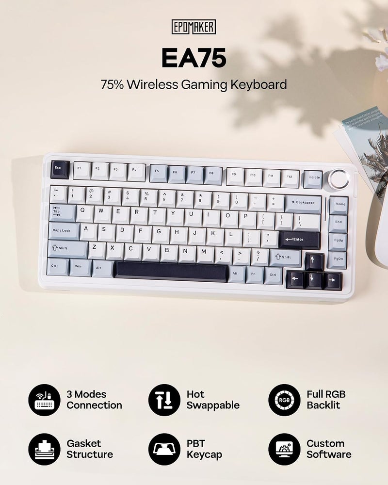 EPOMAKER EA75 75% RGB Gaming Mechanical Keyboard, 2.4GHz/Type-C/BT Creamy Wireless Keyboard with Knob, Shine Through PBT Keycaps, Hot Swappable for Gamers(Light Blue, Graywood V3 Switch) - Image 2