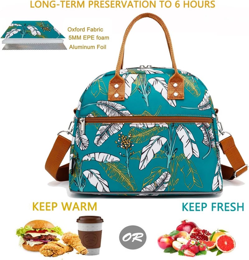 FlowFly Insulated Lunch Bag With Shoulder Strap for Women, Men, and Kids, Large and Reusable, Handle, Freezable Work and School Travel Tote and Meal Prep Organizer, leaves - Image 2