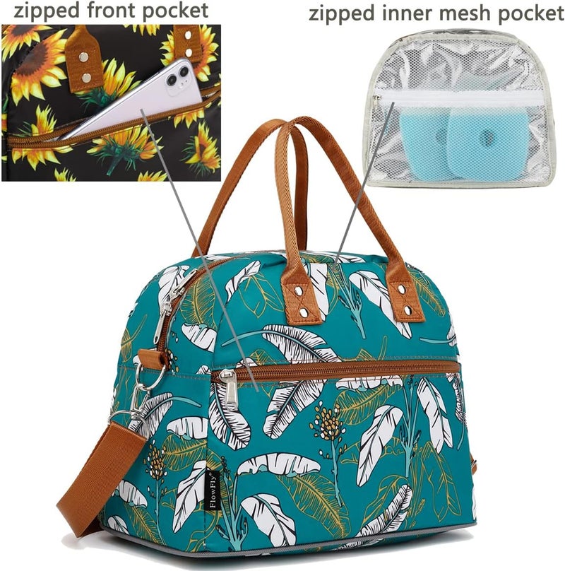 FlowFly Insulated Lunch Bag With Shoulder Strap for Women, Men, and Kids, Large and Reusable, Handle, Freezable Work and School Travel Tote and Meal Prep Organizer, leaves - Image 4