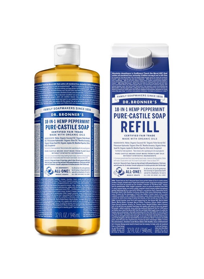 دكتور برونرز زجاجة صابون سائل بيور-كاستيل من دكتور برونر مع عبوة إعادة تعبئة - مصنوعة من زيوت عضوية متجددة معتمدة، بلاستيك أقل بنسبة 82% - 18 استخدامًا في 1 للوجه، وغسول الجسم، وصابون اليدين - بنكهة النعناع، 32 أونصة - Image 1
