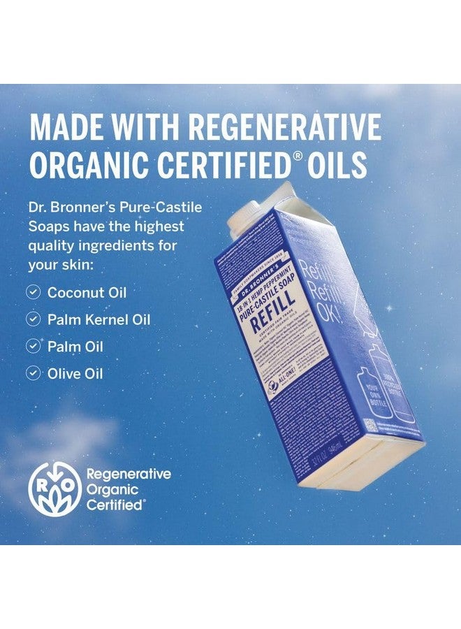 دكتور برونرز زجاجة صابون سائل بيور-كاستيل من دكتور برونر مع عبوة إعادة تعبئة - مصنوعة من زيوت عضوية متجددة معتمدة، بلاستيك أقل بنسبة 82% - 18 استخدامًا في 1 للوجه، وغسول الجسم، وصابون اليدين - بنكهة النعناع، 32 أونصة - Image 2