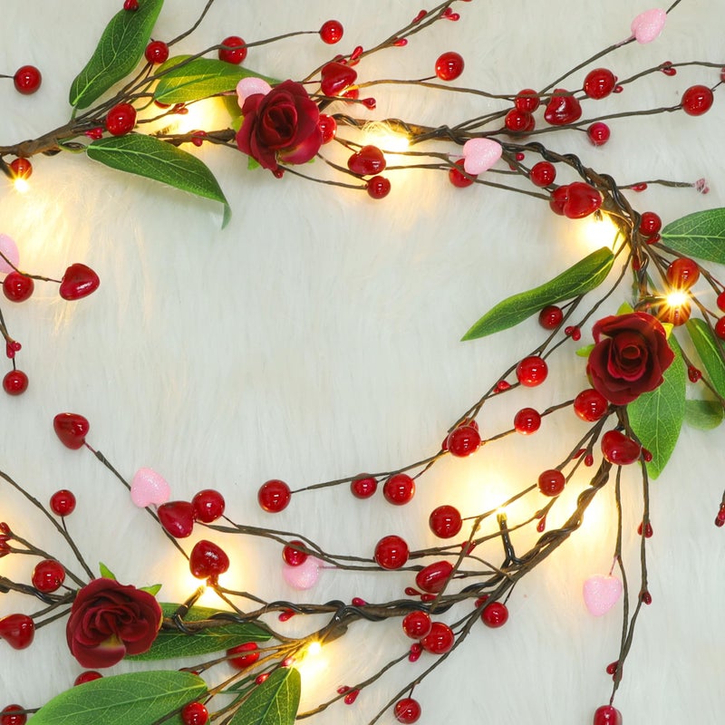 DR.DUDU Valentines Day 6 Ft Garland with Lights, Twig Garland with Pink Heart Roses and Berry Valentines Decor for Home Mantel - Image 1