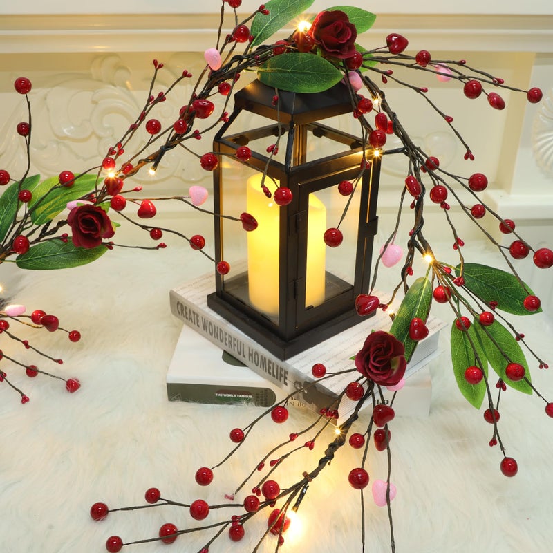 DR.DUDU Valentines Day 6 Ft Garland with Lights, Twig Garland with Pink Heart Roses and Berry Valentines Decor for Home Mantel - Image 5