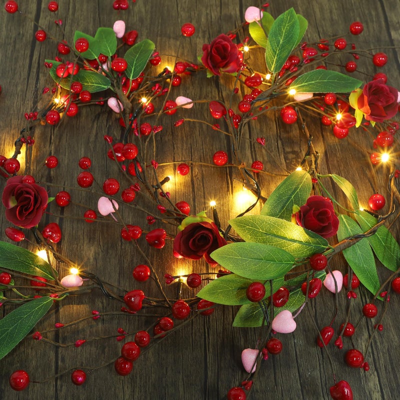 DR.DUDU Valentines Day 6 Ft Garland with Lights, Twig Garland with Pink Heart Roses and Berry Valentines Decor for Home Mantel - Image 2