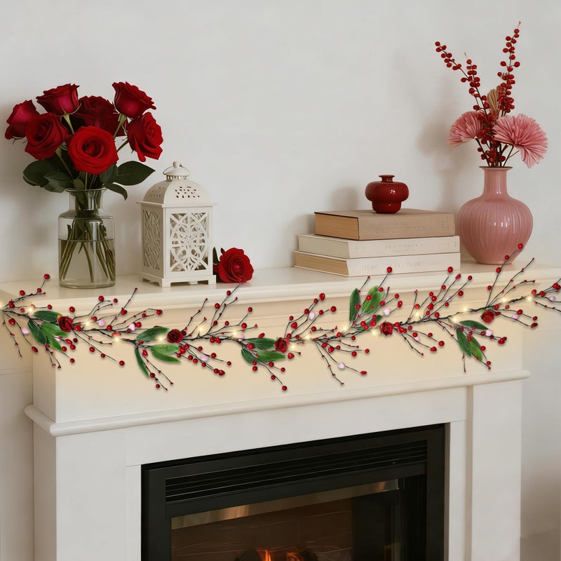 DR.DUDU Valentines Day 6 Ft Garland with Lights, Twig Garland with Pink Heart Roses and Berry Valentines Decor for Home Mantel - Image 4