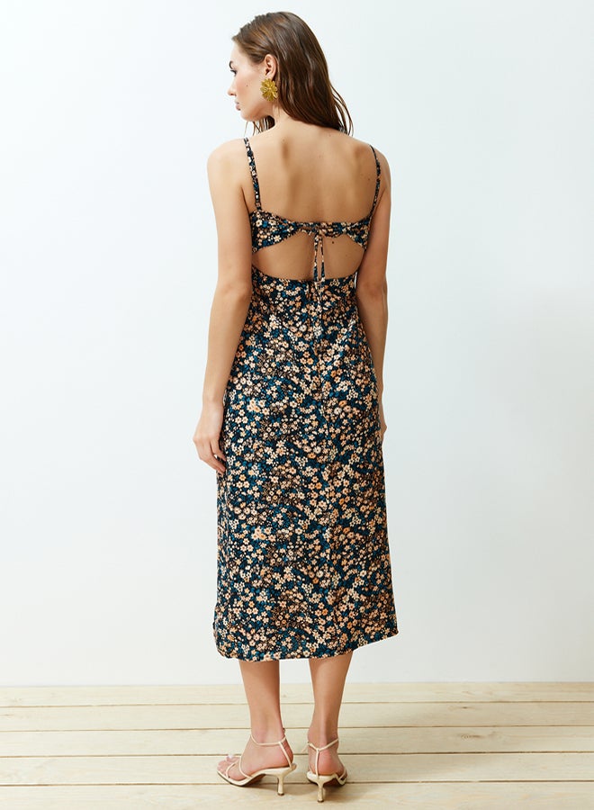 trendyol Black Floral Print Straight Cut Slit Detail Viscose Midi Woven Dress - Image 5