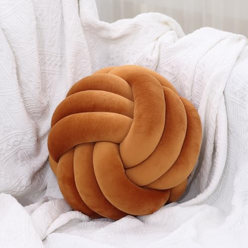 Petrella Knot Pillow, 8 Inch Caramel Round Velvet Throw Pillow Ball Cushion, Machine Washable Soft Decorative Accent Pillow for Couch, Sofa, Bed, Home Decor - Image 1