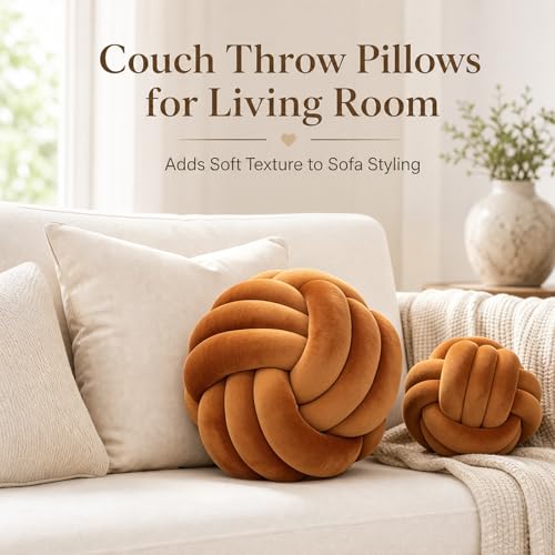 Petrella Knot Pillow, 8 Inch Caramel Round Velvet Throw Pillow Ball Cushion, Machine Washable Soft Decorative Accent Pillow for Couch, Sofa, Bed, Home Decor - Image 5