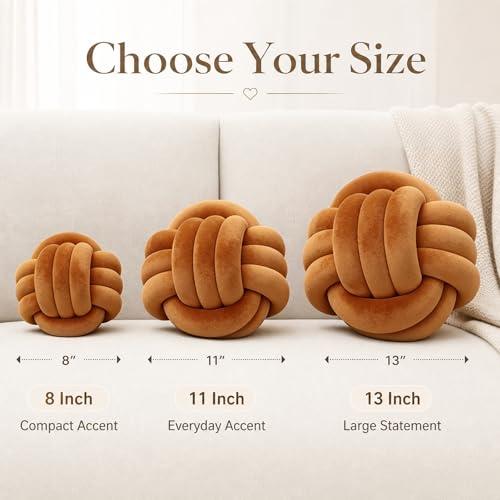 Petrella Knot Pillow, 8 Inch Caramel Round Velvet Throw Pillow Ball Cushion, Machine Washable Soft Decorative Accent Pillow for Couch, Sofa, Bed, Home Decor - Image 3