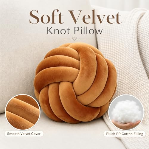 Petrella Knot Pillow, 8 Inch Caramel Round Velvet Throw Pillow Ball Cushion, Machine Washable Soft Decorative Accent Pillow for Couch, Sofa, Bed, Home Decor - Image 2