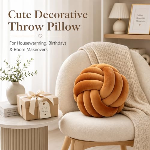 Petrella Knot Pillow, 8 Inch Caramel Round Velvet Throw Pillow Ball Cushion, Machine Washable Soft Decorative Accent Pillow for Couch, Sofa, Bed, Home Decor - Image 4