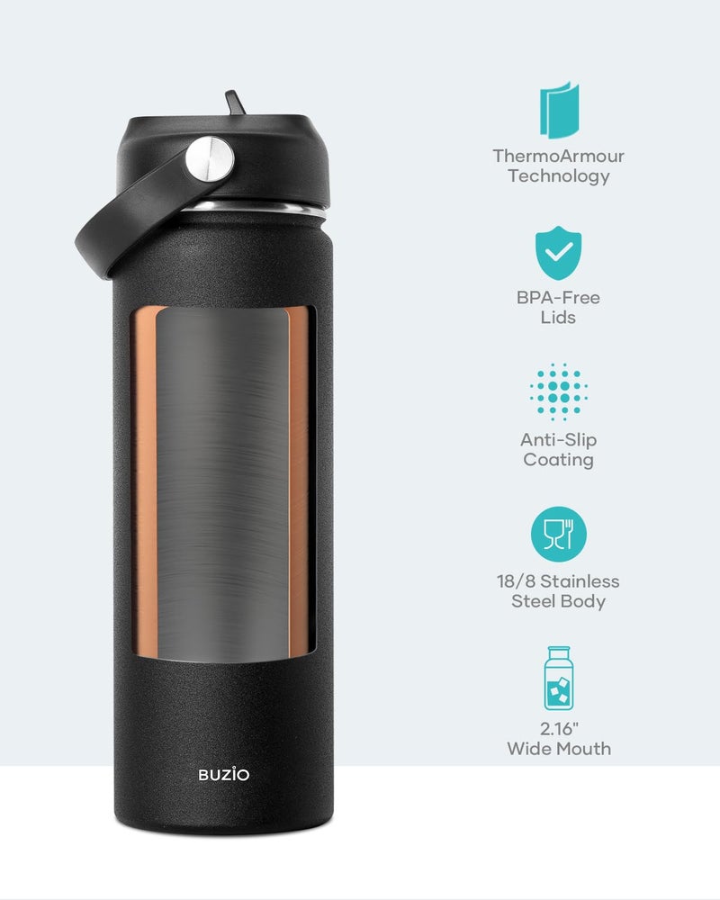 BUZIO زجاجة ماء معزولة بسعة 22 أونصة من BUZIO مع غطاء قشة وغطاء مرن فم واسع معزول بالفراغ من الفولاذ المقاوم للصدأ مزدوج الجدار تبقي المشروبات باردة لمدة 48 ساعة وساخنة لمدة 24 ساعة كوب حراري بسيط أسود - Image 4