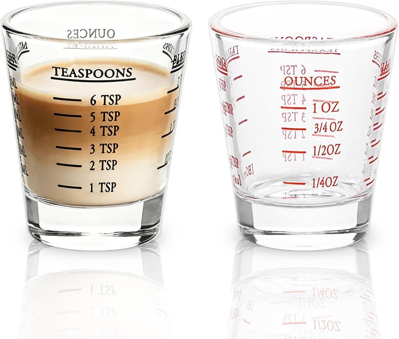 BCnmviku Shot Glasses Measuring cup Espresso Shot Glass Liquid Heavy Glass Wine Glass 2 Pack 26-Incremental Measurement 1oz, 6 Tsp, 2 Tbs, 30ml (Black and Red) - Image 1