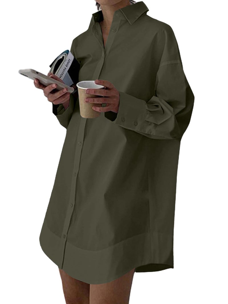 LYANER Women's Casual Shirt Dress Collar V Neck Button Down Loose Long Sleeve Mini Dresses Army Green X-Large - Image 1