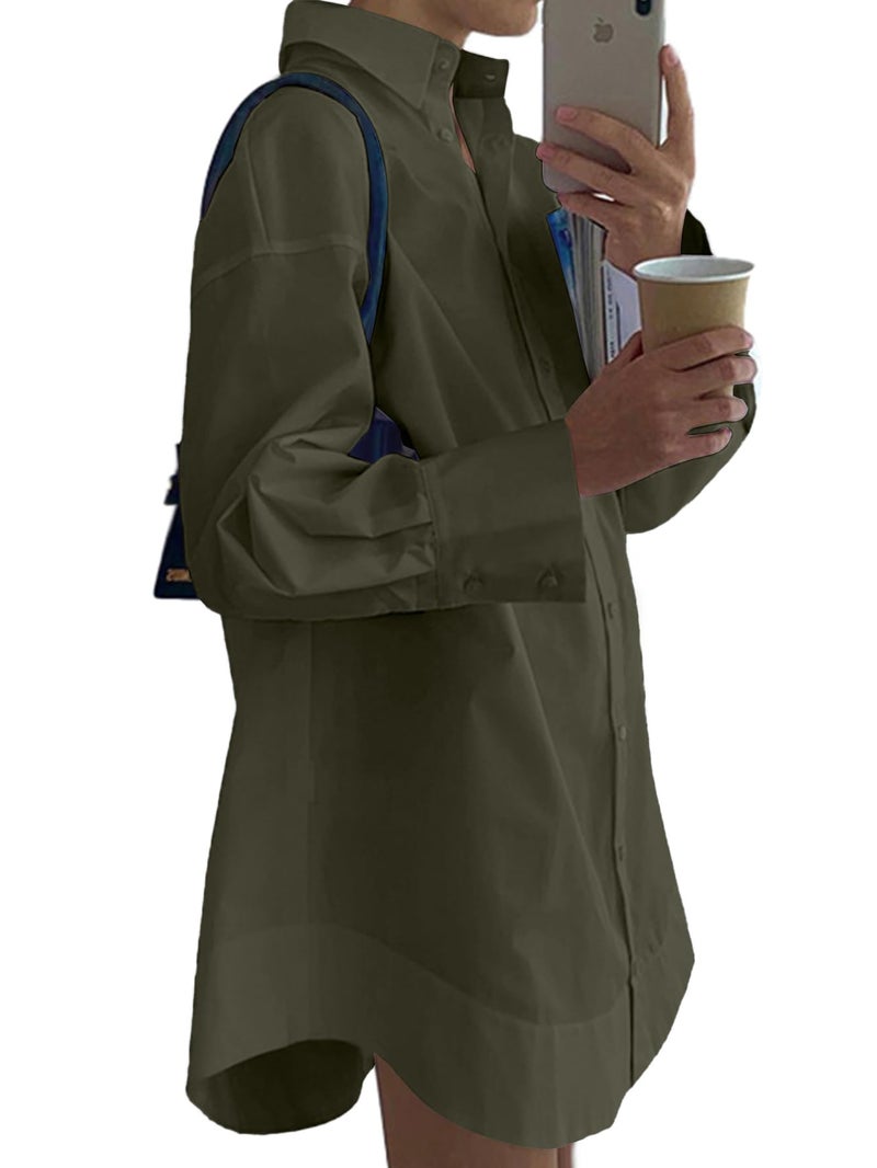 LYANER Women's Casual Shirt Dress Collar V Neck Button Down Loose Long Sleeve Mini Dresses Army Green X-Large - Image 2