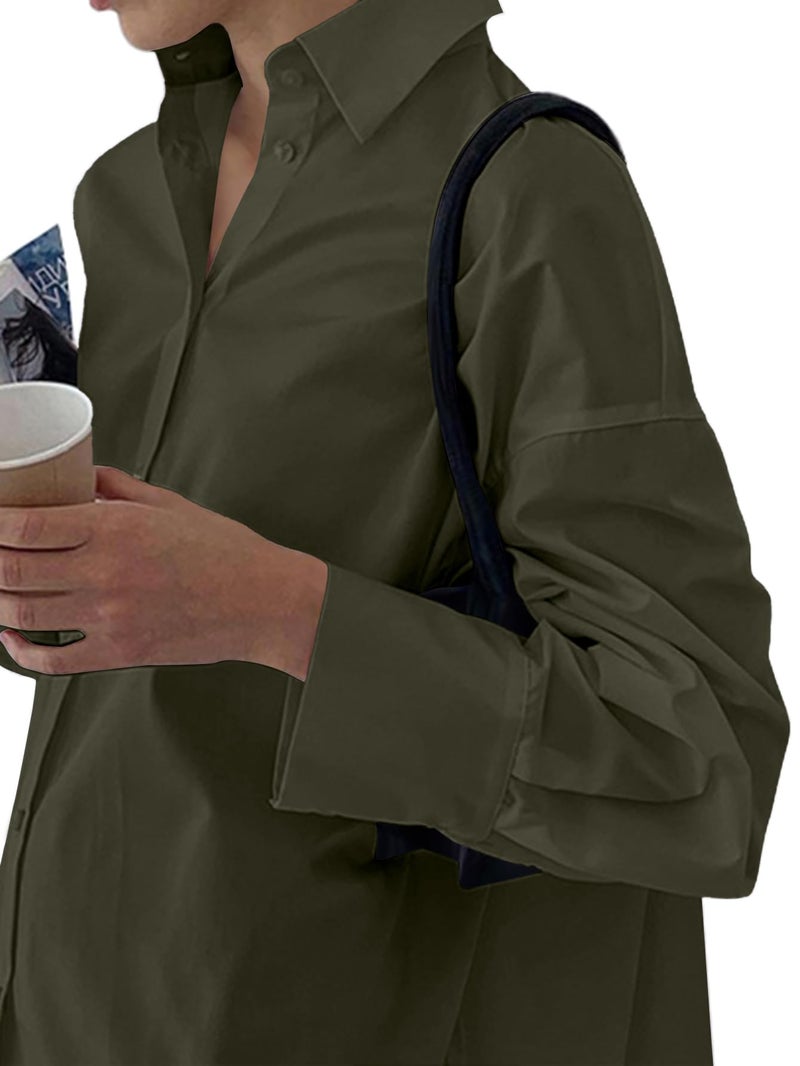 LYANER Women's Casual Shirt Dress Collar V Neck Button Down Loose Long Sleeve Mini Dresses Army Green X-Large - Image 3
