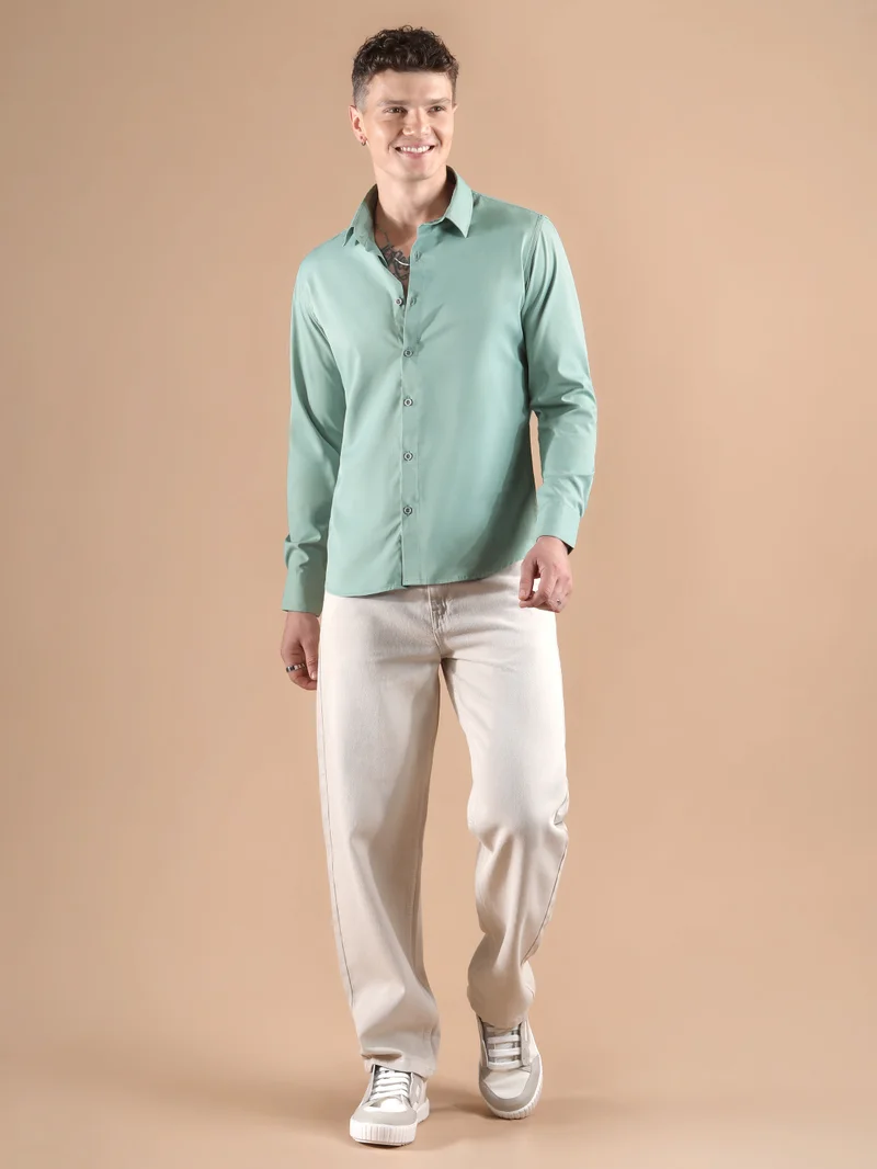Beyoung Seafoam Blue Solid Regular Fit Shirt