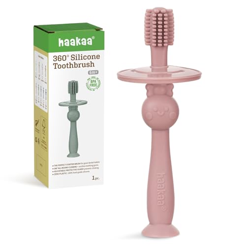 haakaa 360 Silicone Baby Toothbrush Soft Infant First Brush Tongue Gum Teeth Cleaner for 6M BPAFree with Safety Shield and Suction Base Blush 1 Piece - Image 1