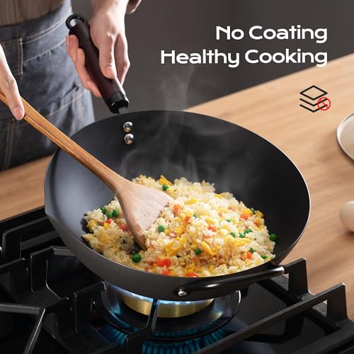 FGJ Wok, 13 Inch carbon steel woks & stir-fry pans nonstick, Pre-Seasoned 5.8QT Flat Bottom Chinese Wok Pan with lid, Carbon Steel Cookware, Compatible with All Cooktops - Image 2