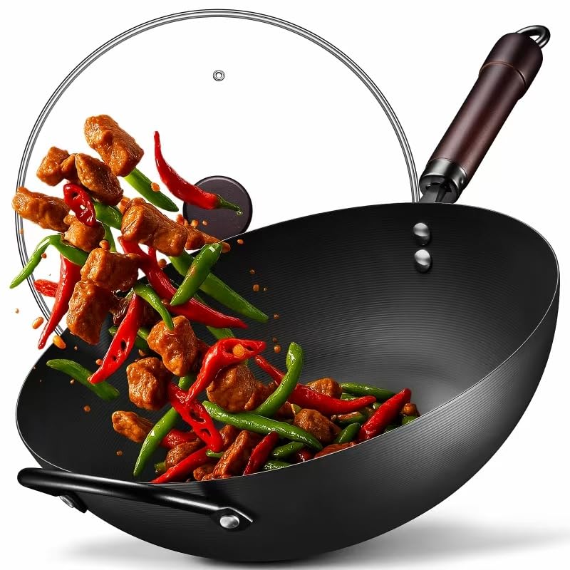 FGJ Wok, 13 Inch carbon steel woks & stir-fry pans nonstick, Pre-Seasoned 5.8QT Flat Bottom Chinese Wok Pan with lid, Carbon Steel Cookware, Compatible with All Cooktops - Image 1