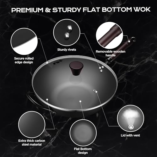FGJ Wok, 13 Inch carbon steel woks & stir-fry pans nonstick, Pre-Seasoned 5.8QT Flat Bottom Chinese Wok Pan with lid, Carbon Steel Cookware, Compatible with All Cooktops - Image 5