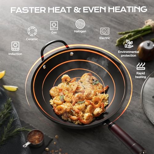 FGJ Wok, 13 Inch carbon steel woks & stir-fry pans nonstick, Pre-Seasoned 5.8QT Flat Bottom Chinese Wok Pan with lid, Carbon Steel Cookware, Compatible with All Cooktops - Image 4