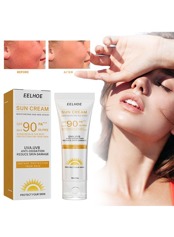 EELHOE Sun Cream，Moisturizing Sun Cream SPF 90+ Protection Against Harmful UV Rays, Sheer And Lightweight, Protects And Calms Sensitive Skin And Acne Prone Skin, Can Easily Be Worn Alone Or Under Makeup 40g - Image 1