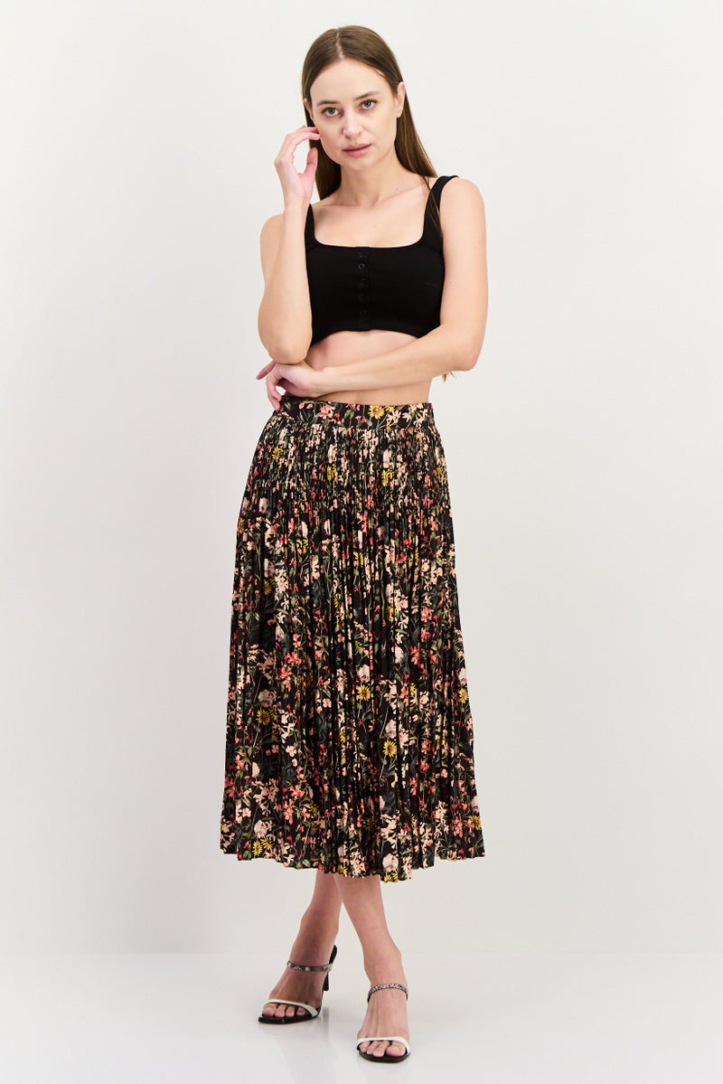 Scotch & Soda تنورة ميدي أساسية مطبوعة بالزهور للنساء، مجموعة سوداء - Image 4