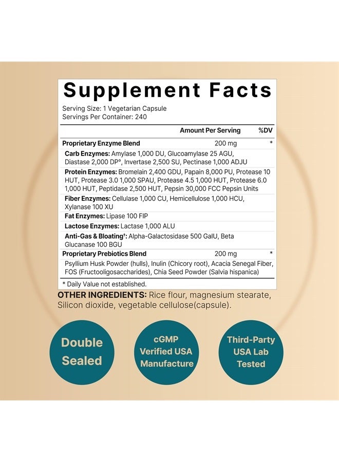 NatureBell Digestive Enzymes with Prebiotics | 240 Veggie Capsules - 20 Enzyme & 5 Prebiotic Complex – Support Gut Health, Bloating Relief for Women & Men, Non-GMO, Vegan Friendly - Image 2