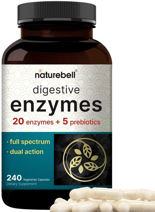 NatureBell Digestive Enzymes with Prebiotics | 240 Veggie Capsules - 20 Enzyme & 5 Prebiotic Complex – Support Gut Health, Bloating Relief for Women & Men, Non-GMO, Vegan Friendly - Image 1