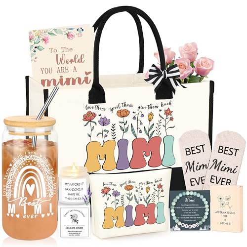 DOGMEM Mimi Gifts for Grandma Great Christmas Gifts for Mimi Grandma Gift Set Ideas Tote Bag Makeup Bag 16 Oz Can Glass Grandma Birthday Gift - Image 1