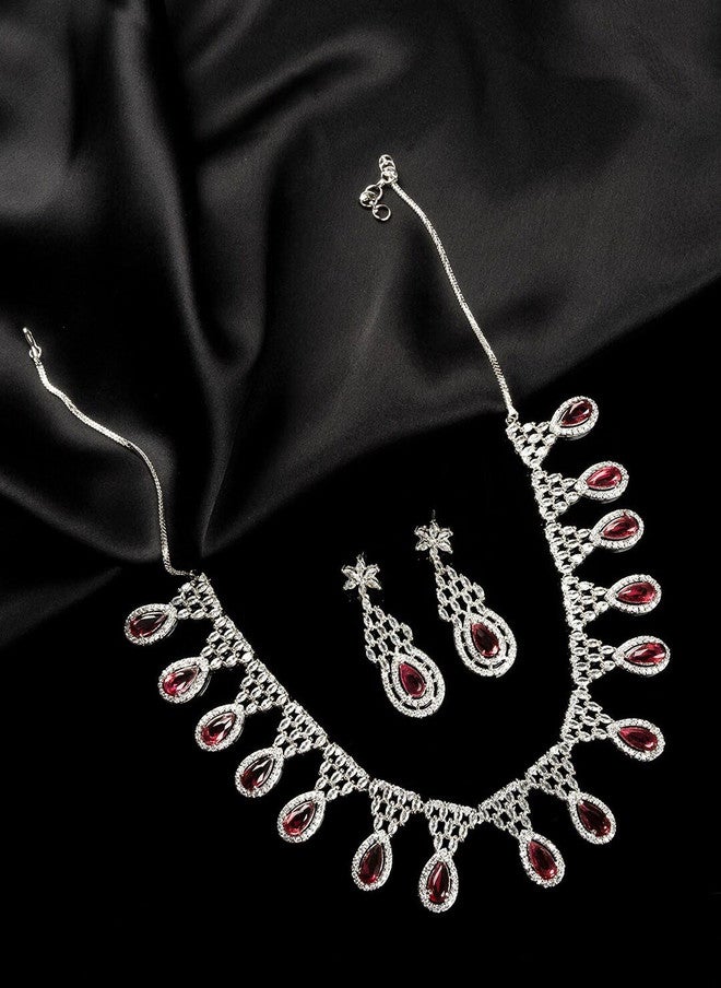 StileAdda Silver-Plated CZ-Studded Necklace and Earrings Set - Image 1