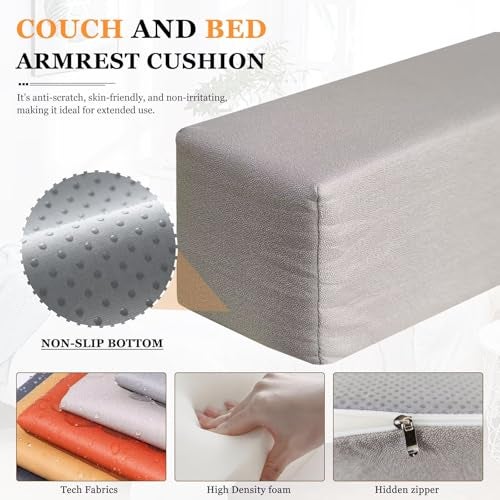 NANGELRN 2 Pack Couch Arm Rest Pillow 6''x6''x20'' Faux Leatharie Armrest Cushion, High Density Foam Pillows, Removable & Washable Headboard Elbow Support for Armchair Sofa Bed, Light Gray - Image 3