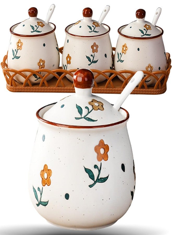 Orkim Kitchen Ceramic Condiment Jars with Lids and Spoons, 3 Piece Porcelain Seasoning Jar Set for Salt Spice Pepper Suger Bowl, Coffee Tea Container Pot with Serving Tray - A Yellow Flower - Image 1