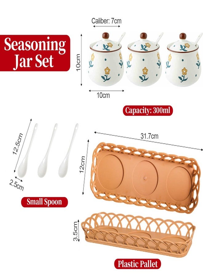 Orkim Kitchen Ceramic Condiment Jars with Lids and Spoons, 3 Piece Porcelain Seasoning Jar Set for Salt Spice Pepper Suger Bowl, Coffee Tea Container Pot with Serving Tray - A Yellow Flower - Image 2