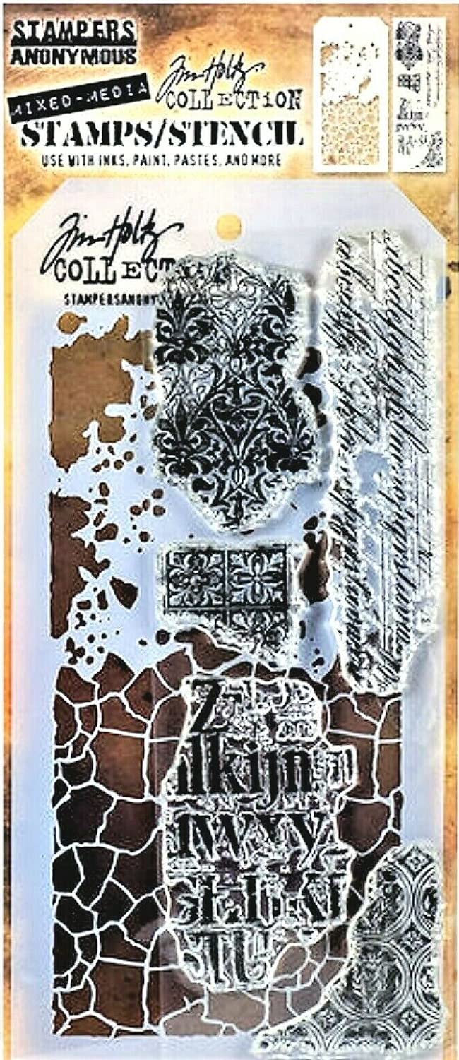 Tim Holtz Collection Stampers Anonymous Crackle Splatter Gothic Mixed Media Stamp and Stencil Set THMM123