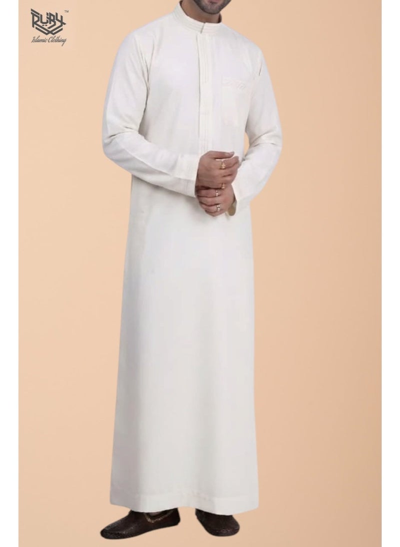RUBY ISLAMIC CLOTHING Premium  Saudi Thobe with Collar & Elegant Embroidery kandura jubbah | kandura for men | Off white (cream) - Image 2