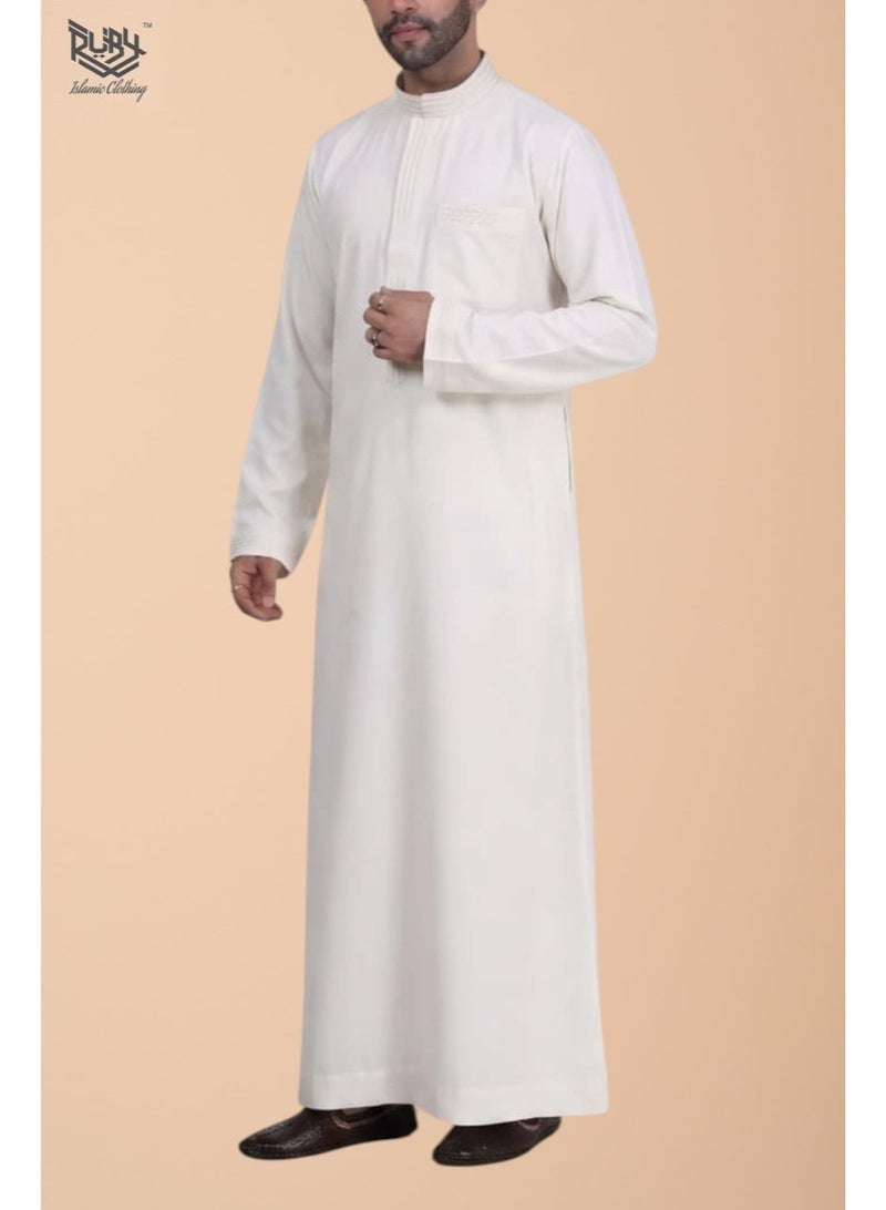 RUBY ISLAMIC CLOTHING Premium  Saudi Thobe with Collar & Elegant Embroidery kandura jubbah | kandura for men | Off white (cream) - Image 1