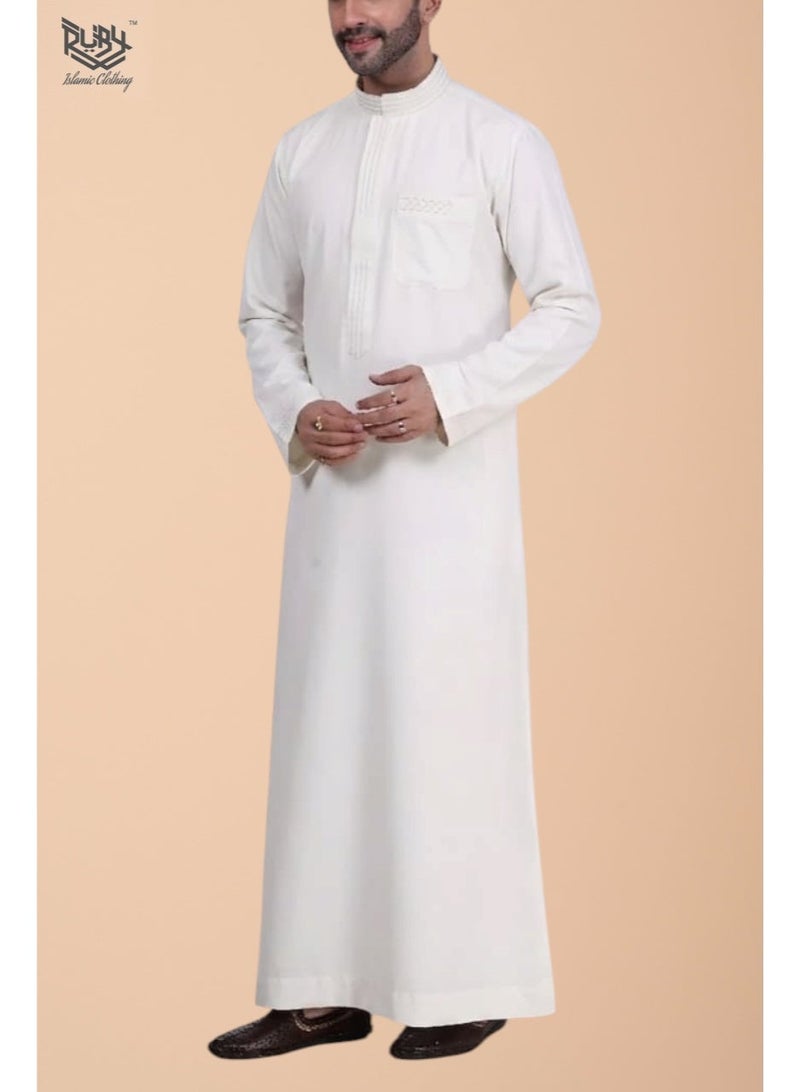 RUBY ISLAMIC CLOTHING Premium  Saudi Thobe with Collar & Elegant Embroidery kandura jubbah | kandura for men | Off white (cream) - Image 3