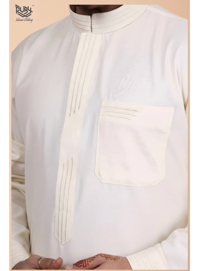 RUBY ISLAMIC CLOTHING Premium  Saudi Thobe with Collar & Elegant Embroidery kandura jubbah | kandura for men | Off white (cream) - Image 4