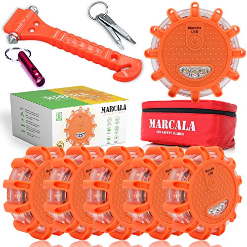 Marcala LED Road Flares Emergency Lights 6‑Pack | Roadside Safety Disc & LED Safety Flare | Roadside Hazard Emergency Kit w/Boat Flare Kit | Batteries, Case & Whistle Included | Feel Safe on Road - Image 1