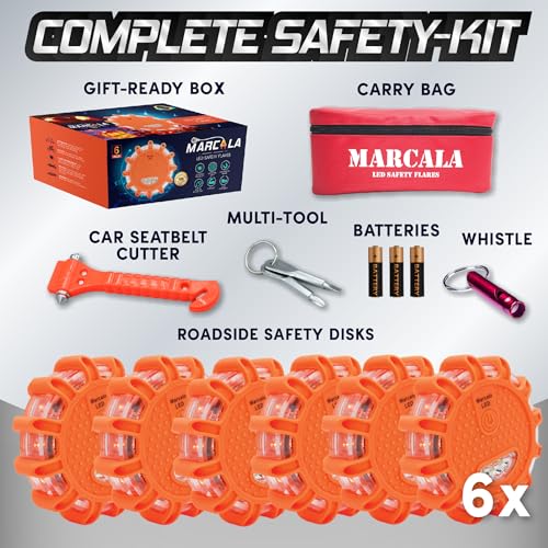 Marcala LED Road Flares Emergency Lights 6‑Pack | Roadside Safety Disc & LED Safety Flare | Roadside Hazard Emergency Kit w/Boat Flare Kit | Batteries, Case & Whistle Included | Feel Safe on Road - Image 2