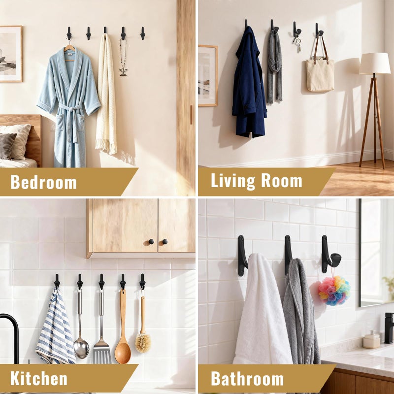 Tebgeag 10 Pack Wall Hooks for Hanging, Heavy Duty Metal Coat Hooks Wall Mount, Easy to Install Black Hooks for Entryway, Bathroom, Towels, Robes, Backpacks - Image 2