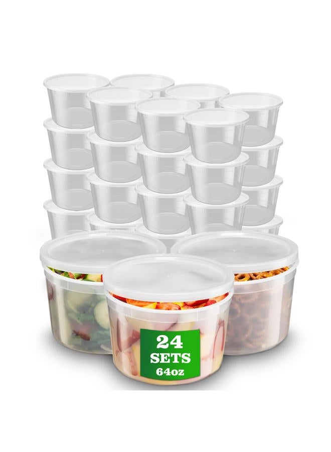 APSIC Plastic Deli Containers with Lids, 24 Sets 64oz Leakproof Soup Storage Containers for Restaurant, Round Takeout Deli Cups for Food Slime Meal Prep Leftover, BPA Free, Microwave/Freezer Safe - Image 1