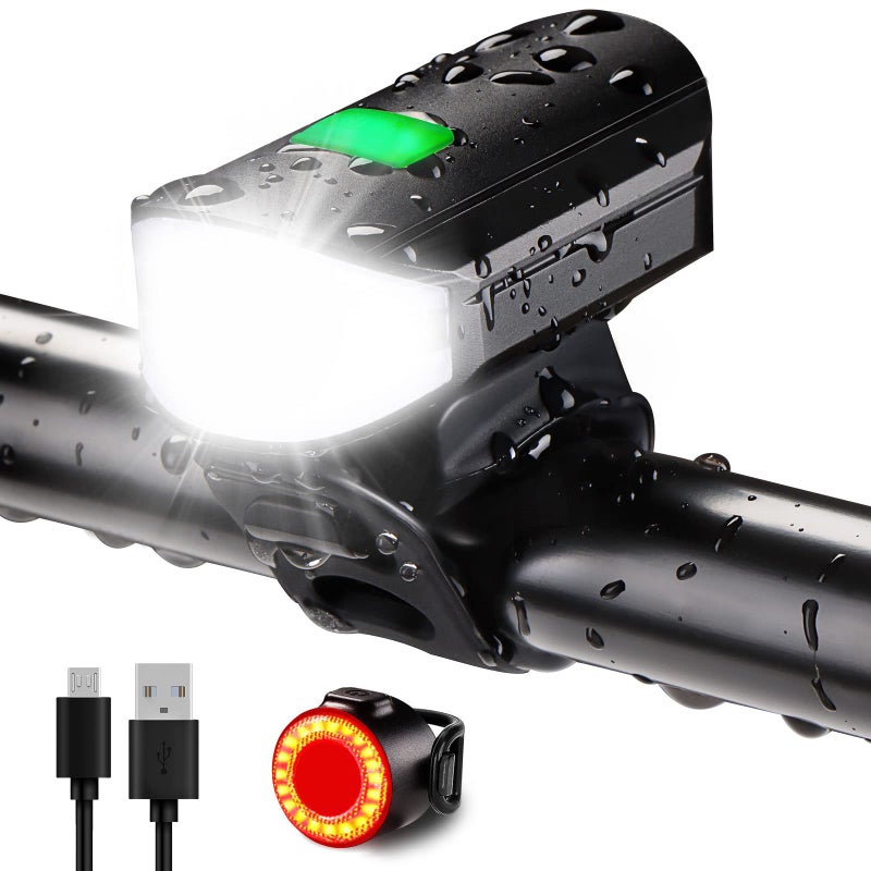 Favorbrite مجموعة أضواء الدراجة 1500 لومن مصباح أمامي وخلفي قابل لإعادة الشحن عبر USB مقاوم للماء 5 أوضاع إضاءة تناسب الدراجات على الطرق والجبال (أسود أنيق) - Image 1
