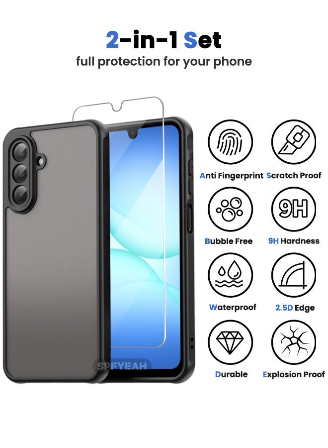 SPFYEAH [2-in-1] Samsung Galaxy A17 Case with HD Tempered Glass Screen Protector, Four Corners Airbag Shockproof Drop Proof Case, Slim Skin Friendly Frosted Phone Case for Samsung A17 6.7 inch (Black, 1+1 Pack) - Image 2
