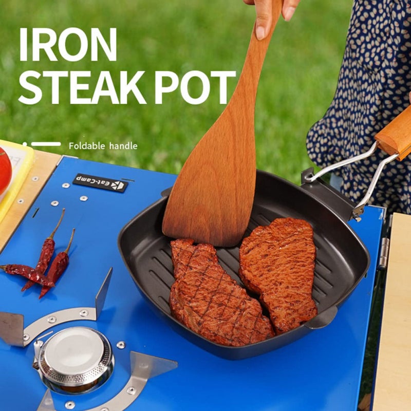 Portable Cast Iron BBQ Pan Foldable Frying Pan With Wooden Handle For Outdoor Camping Size 20cm - Image 3